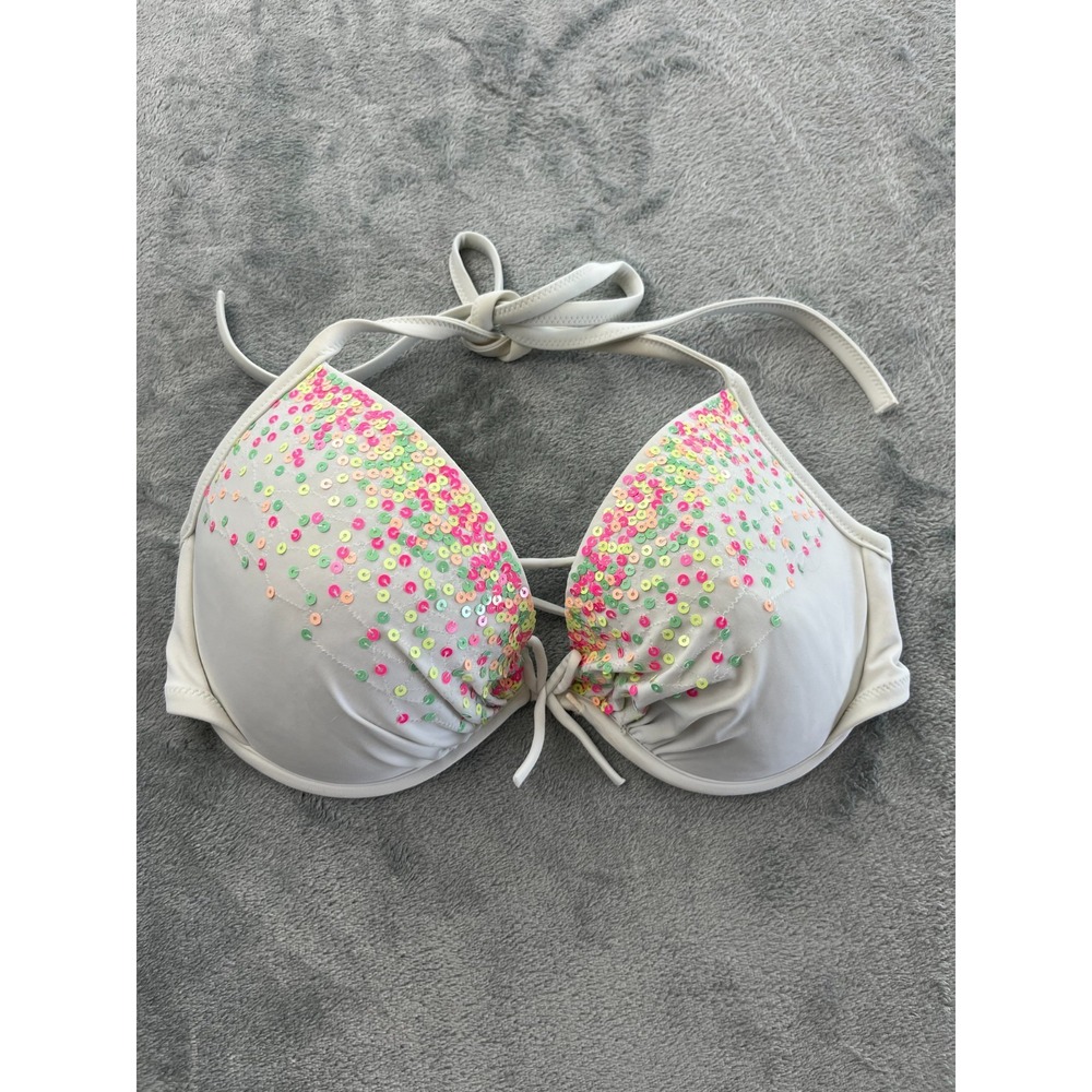 Victoria's Secret Sequin Swim Bikini Top White Neon Underwire Push Up 34 DD